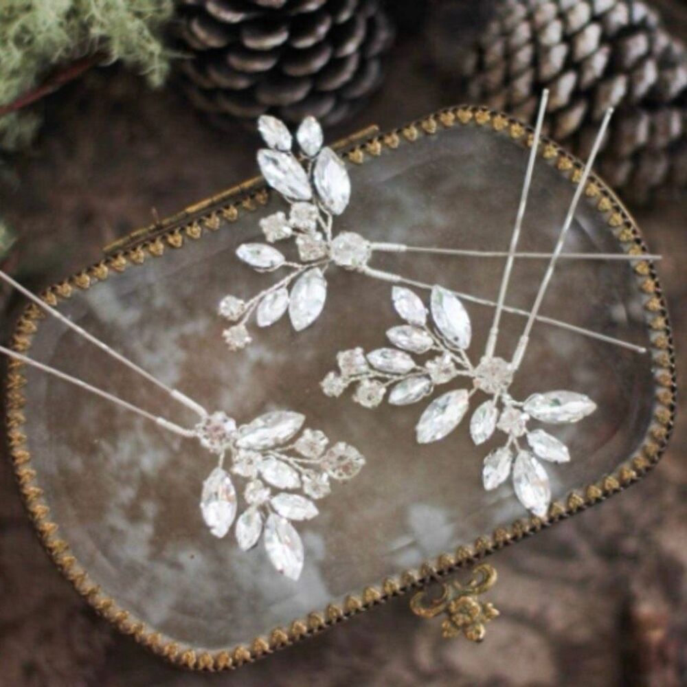 Crystal Leaf Hair Pins - Silver Bridal Hair Accessories - Picture 2 of 8
